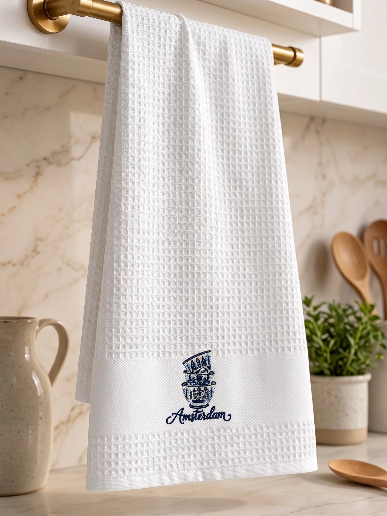 Amsterdam Delft Embroidered Waffle Tea Towel