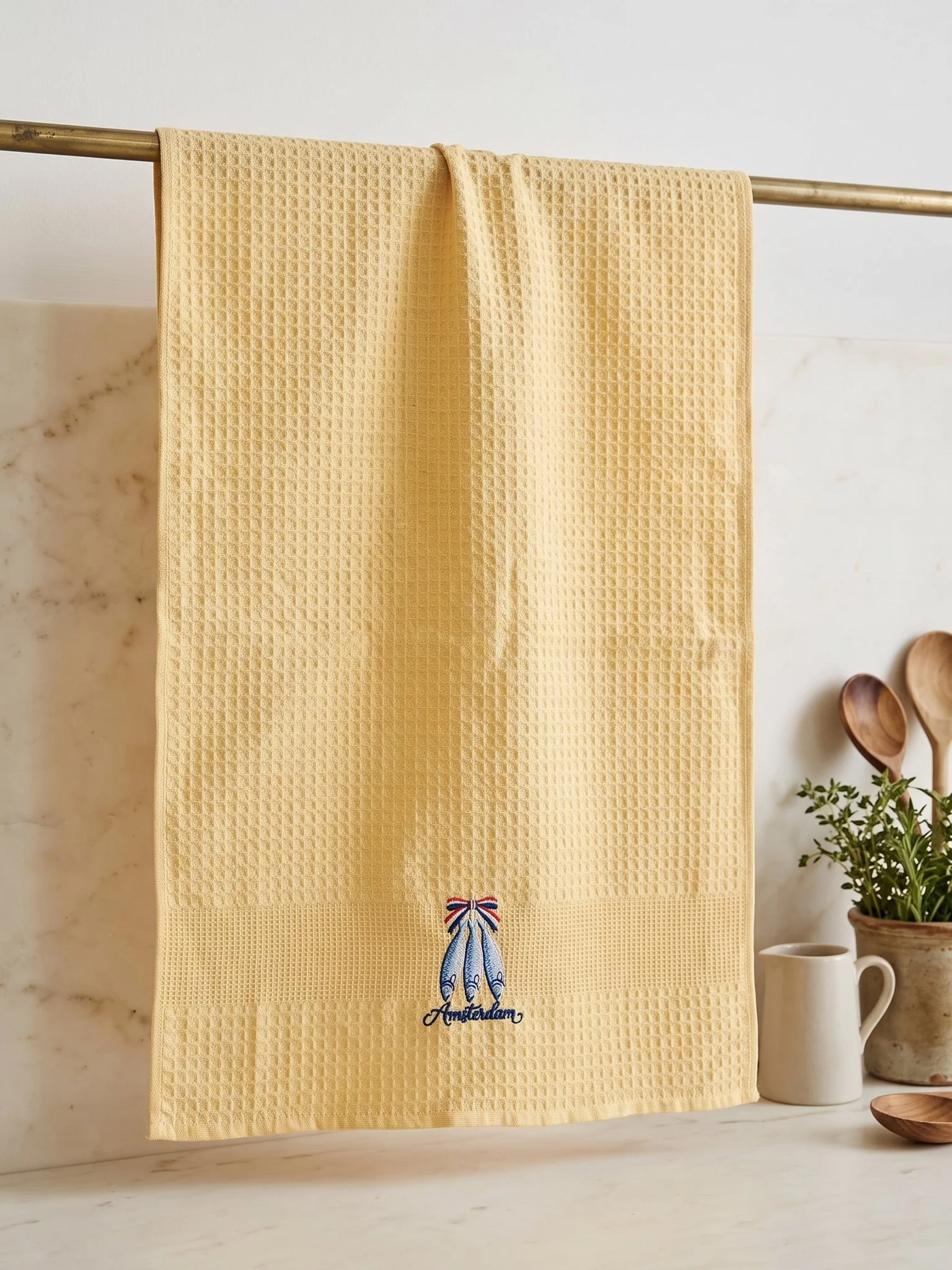 Amsterdam Haring Embroidered Waffle Tea Towel