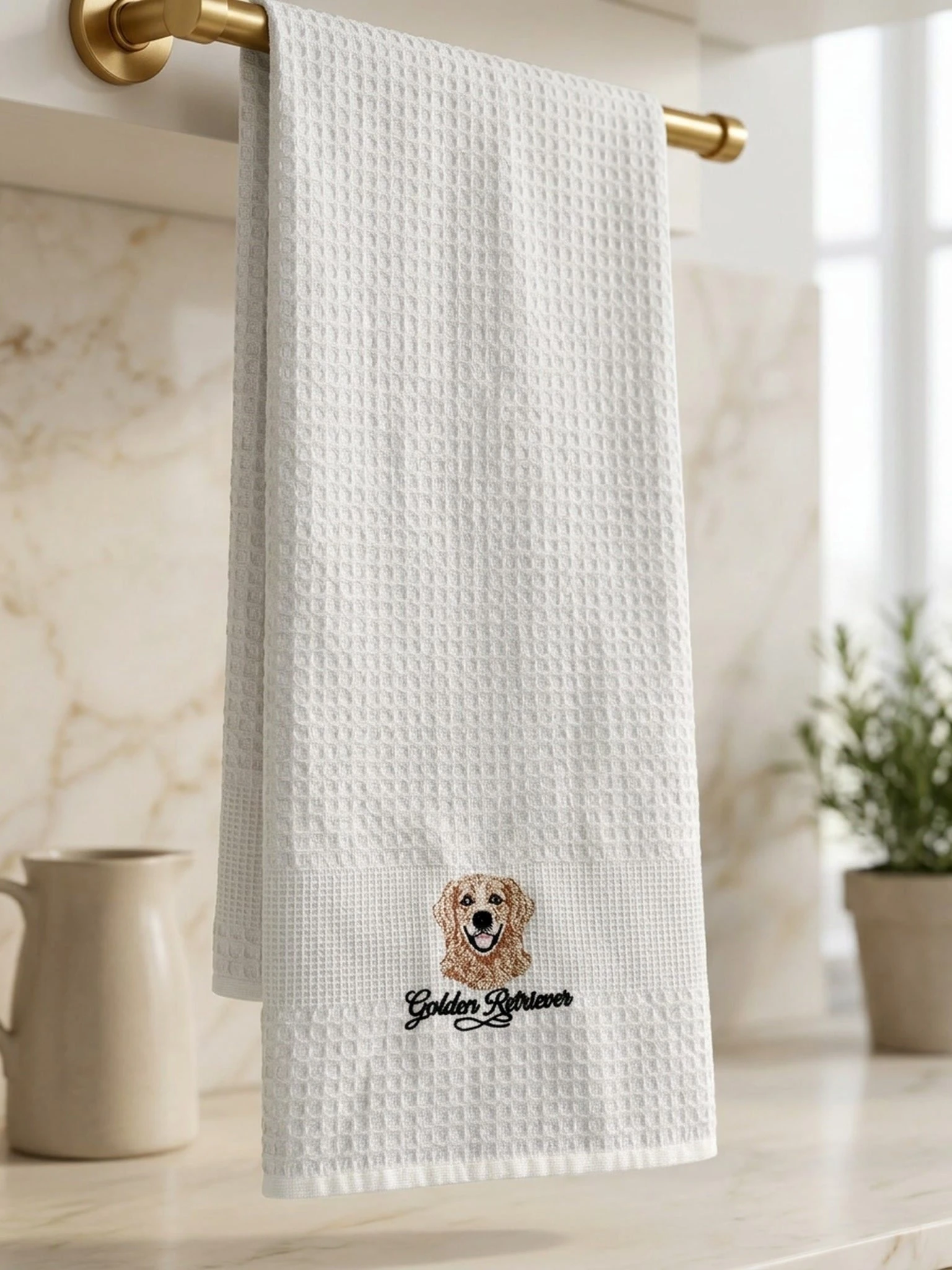 Golden Retriever Embroidered Waffle Tea Towel