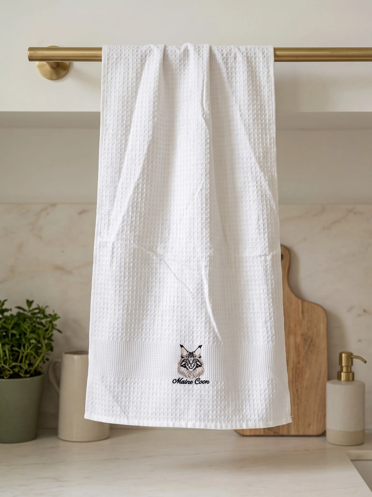 Maine Coon Embroidered Waffle Tea Towel