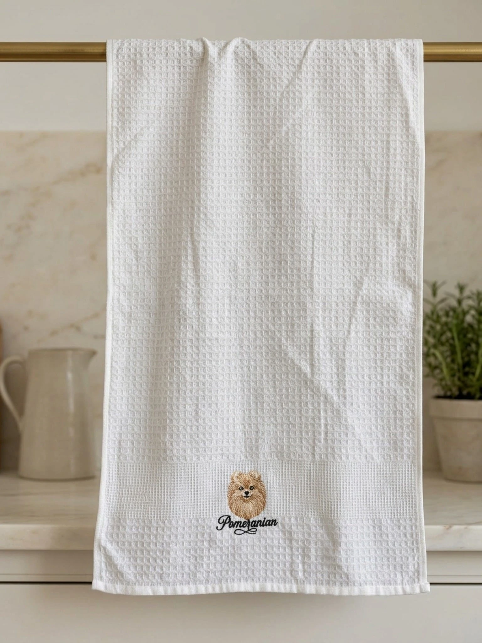 Pomeranian Embroidered Waffle Tea Towel