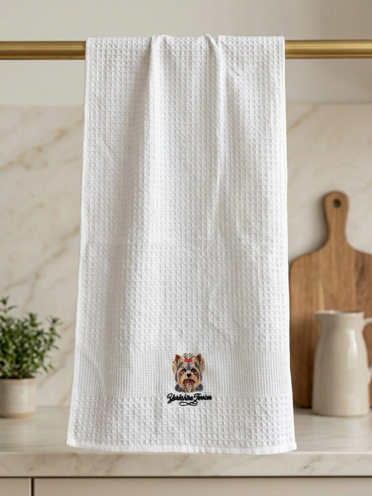 Yorkshire Terrier Embroidered Waffle Tea Towel