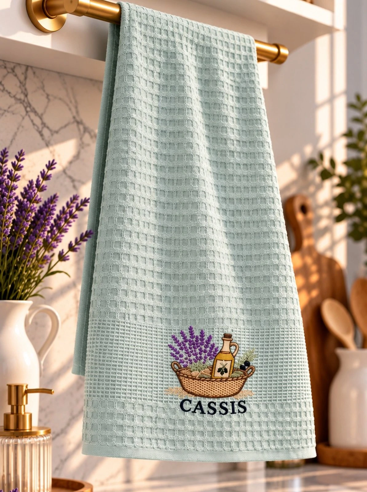 Cassis Embroidered Waffle Tea Towel