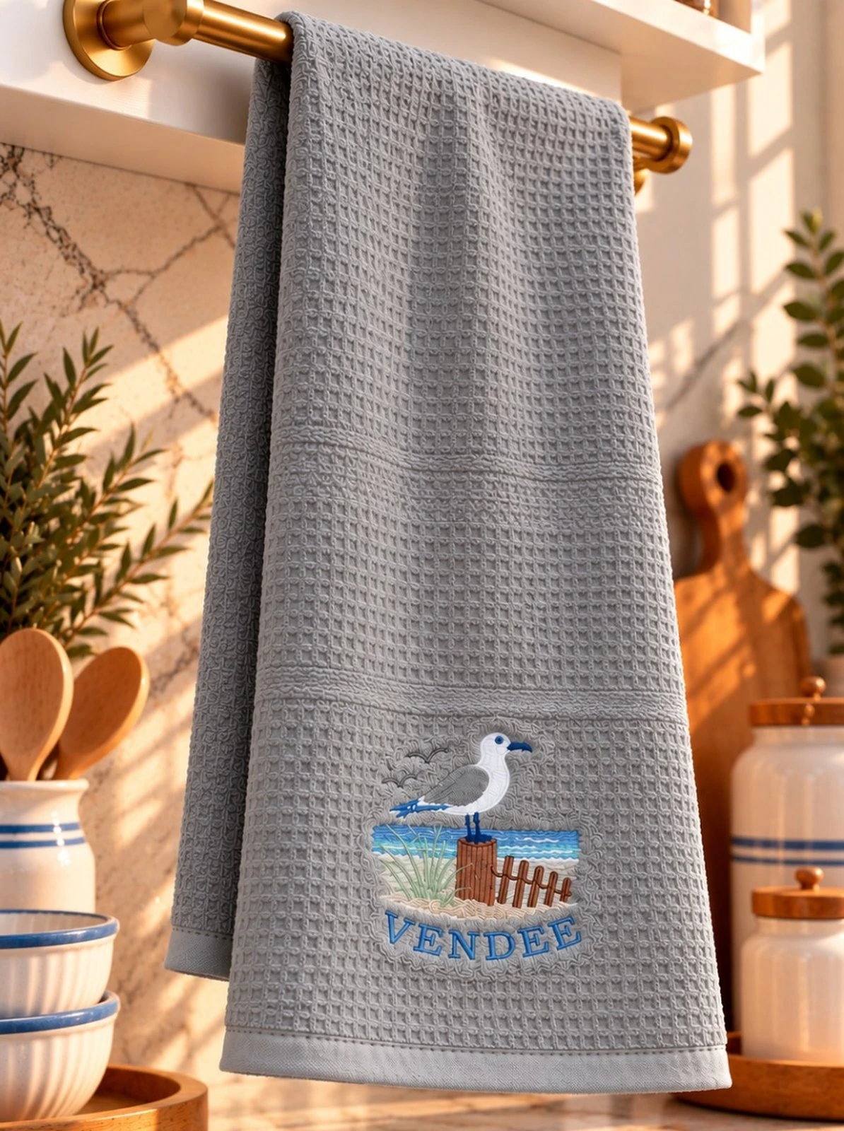 Vendée Embroidered Waffle Tea Towel