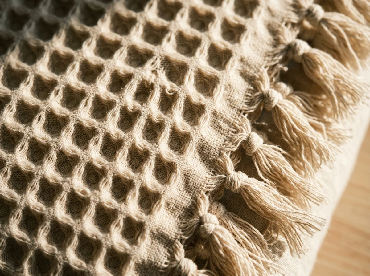 BG Home Textile — %100 Ege pamuğu waffle dokuma ve el düğümlü püskül kumaş detayı